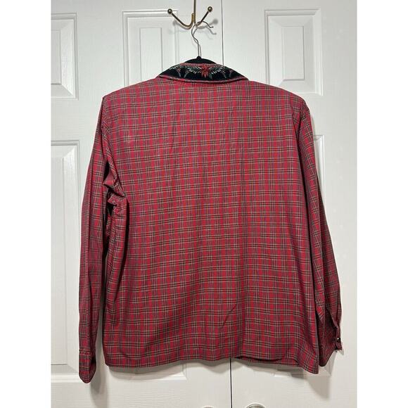 Vtg Karen Scott Red Green Tartan Plaid Velvet Trim Poinsettia Collar Shirt Sz L - Picture 6 of 9